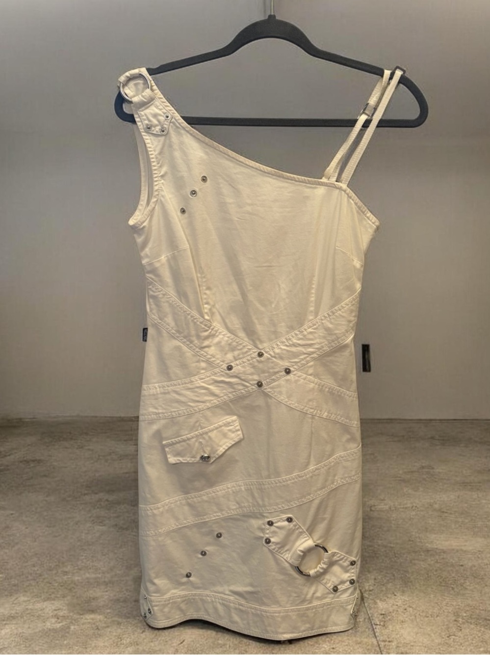 MOSCHINO JEANS DRESS Asymmetrical White Cotton Mini Dress Size 8